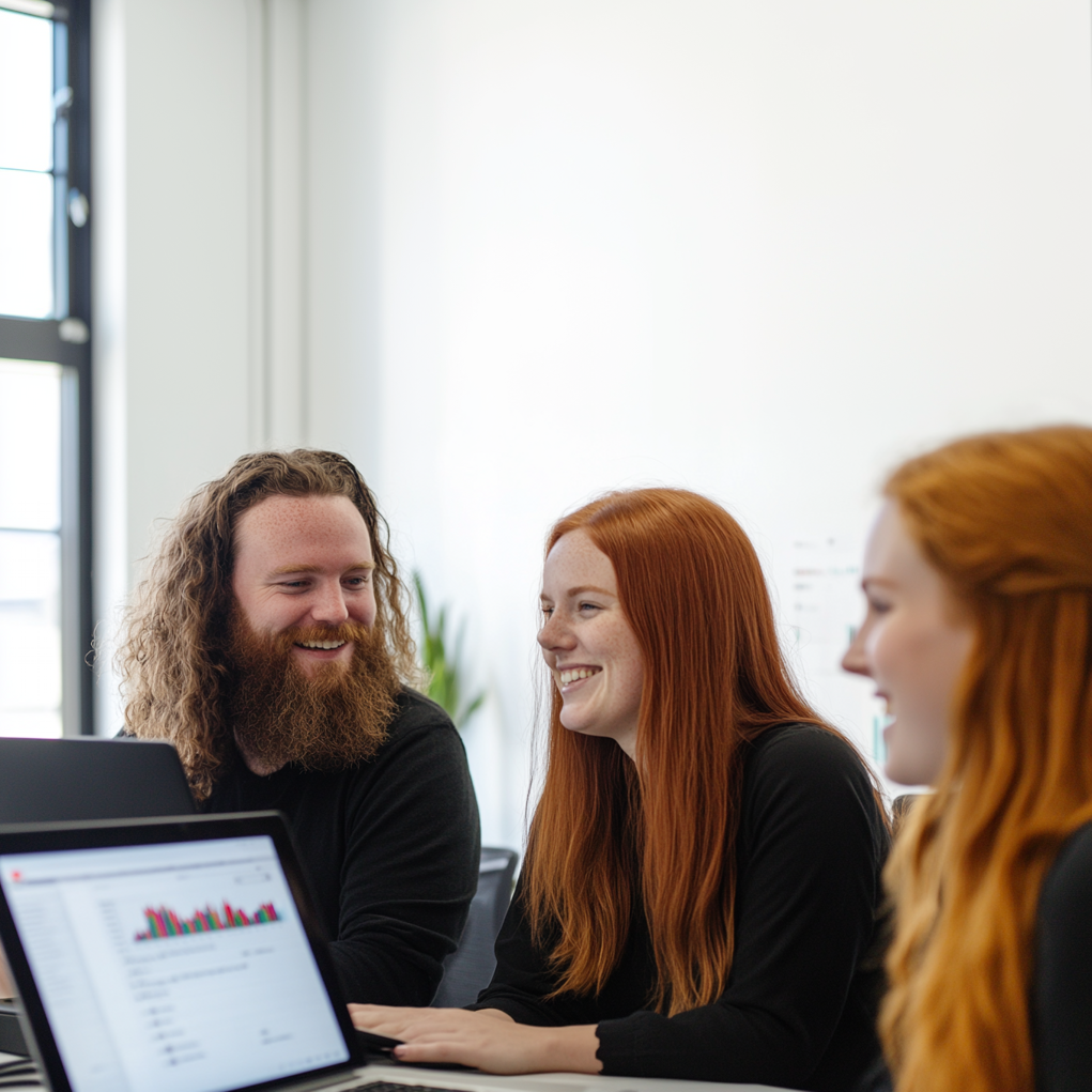 a group of people looking at a laptop