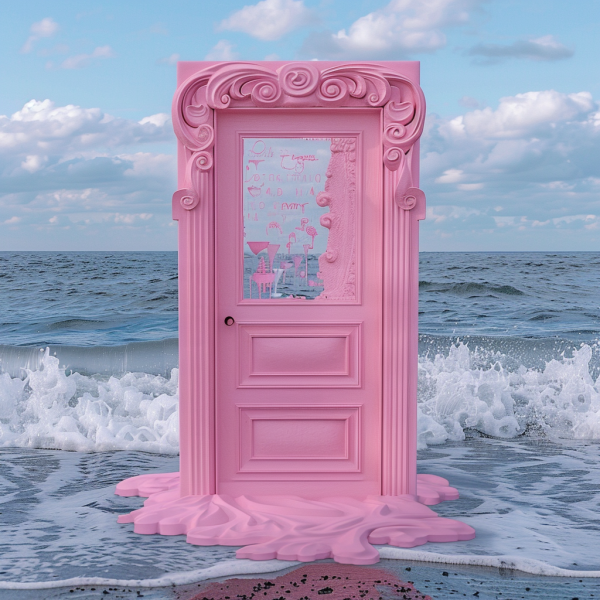 susandigital_a_pink_door_sitting_at_the_beach